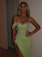 Sparkly Sage Green Sequins Off-The-Shoulder Split Prom Dress Formal Evening Gown Y7983 by simplepromdress