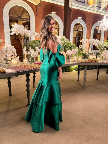 Elegante vestido de noche de sirena de satén verde. Vestido formal verde Y6188.