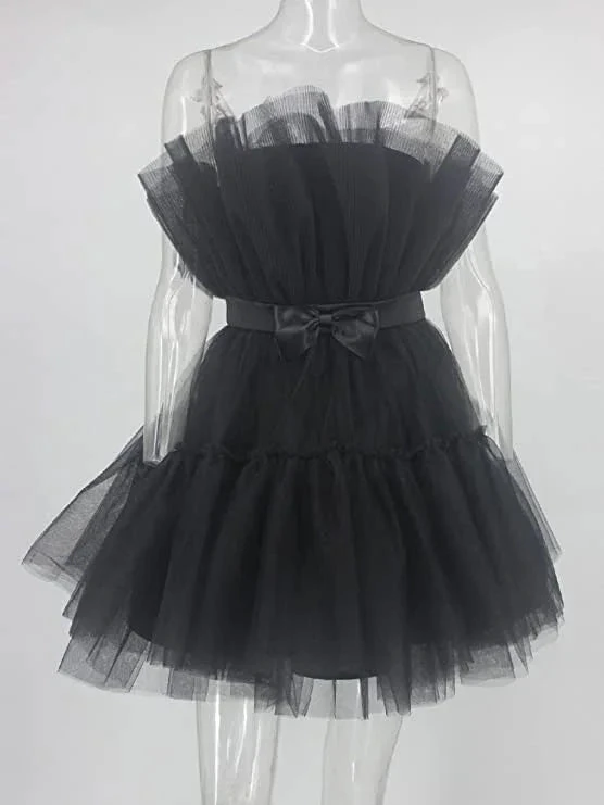 Women's Tulle Princess Mini Dress Ruffle Mesh Party Prom Wedding Tutu Fairy Dress Black Homecoming Dress Y512 by simplepromdress