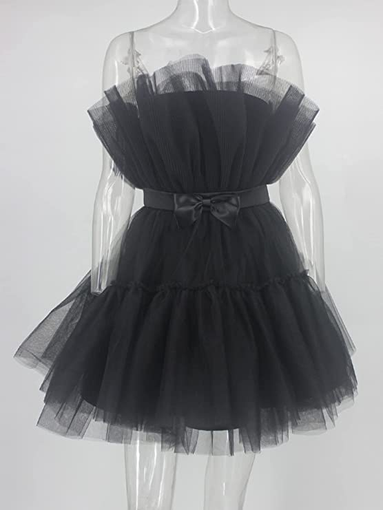 Women's Tulle Princess Mini Dress Ruffle Mesh Party Prom Wedding Tutu Fairy Dress Black Homecoming Dress Y512 Main Image