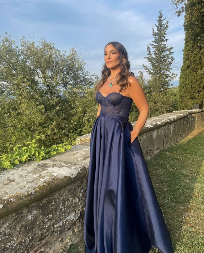 A-line Navy Blue Satin Evening Dress Navy Blue Graduation Dress Y4835 Main Image