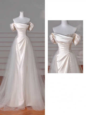 Elegantes weißes schulterfreies Satin-Meerjungfrauen-Abendkleid mit Perlen, formelles Ballkleid, Hochzeitskleid Y8617