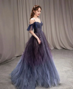 Dark starry sky purple tulle long prom dress purple evening dress Y5847 by simplepromdress