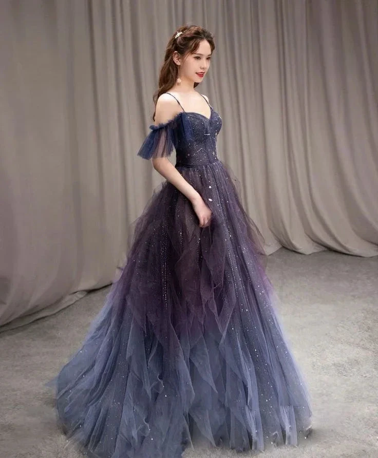 Dark starry sky purple tulle long prom dress purple evening dress Y5847 by simplepromdress