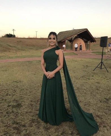 Green Chiffon One Shoulder Evening Dress Y5774