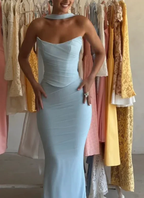 Sexy Strapless Blue Chiffon Prom Dress Mermaid Party Evening Gown Y8175 by simplepromdress