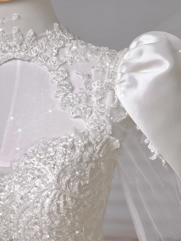 Hermoso vestido de novia de satén blanco con apliques de encaje, corte A, vestido de fiesta formal Y8607