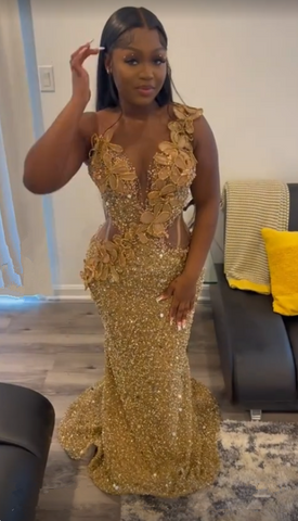 Luxurious Gold Sequins Appliques Evening Dress Mermaid Prom Dress Y7880