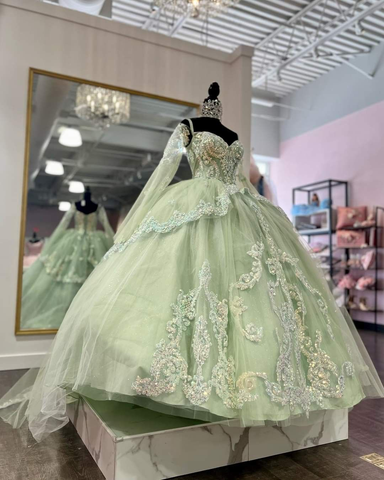 Vestido de fiesta de tul verde salvia, vestido de quinceañera, vestido de princesa Y2251