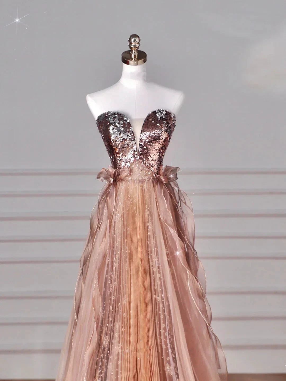 Vintage Rose Gold Strapless Tulle Sequins Beaded A Line Prom Dress Evening Dress Y8622 by simplepromdress