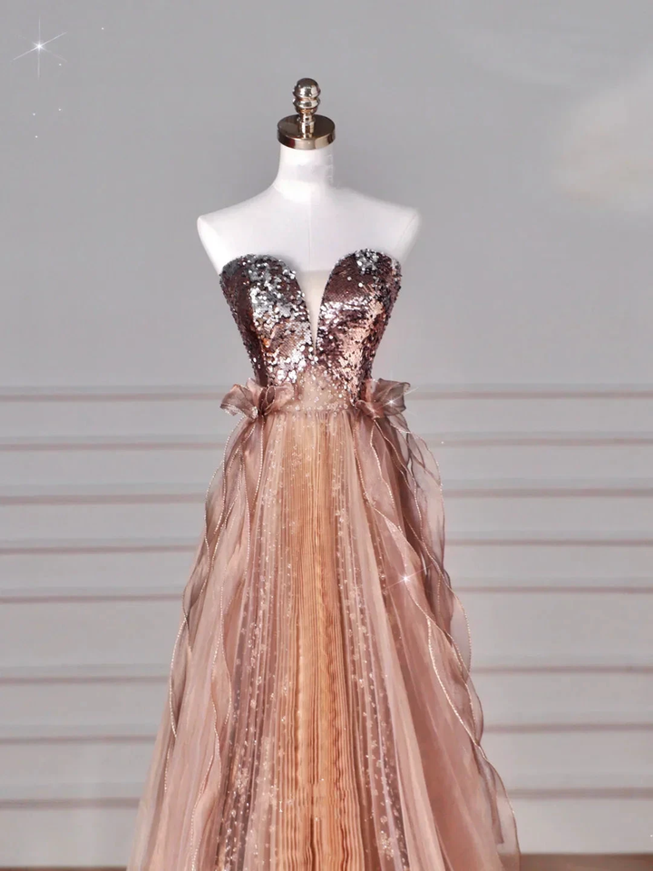 Vintage Rose Gold Strapless Tulle Sequins Beaded A Line Prom Dress Evening Dress Y8622 by simplepromdress