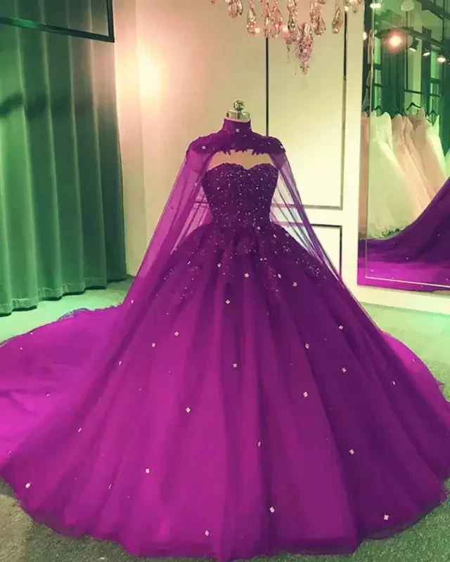 Royal Blue Tulle Ball Gown Prom Dress With Cape S8255 by simplepromdress