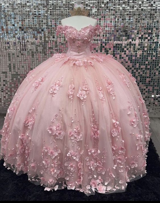 Pink Off Shoulder Ball Gown Quinceanera Dresses 3D Appliques Corset Dress Y6791 Hover Image