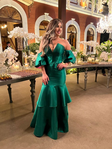 Elegante vestido de noche de sirena de satén verde. Vestido formal verde Y6188.