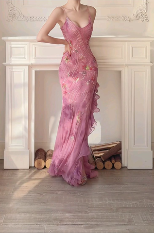 Edles Rosa Chiffon Pailletten Meerjungfrau Abendkleid Langes Ballkleid Y8310
