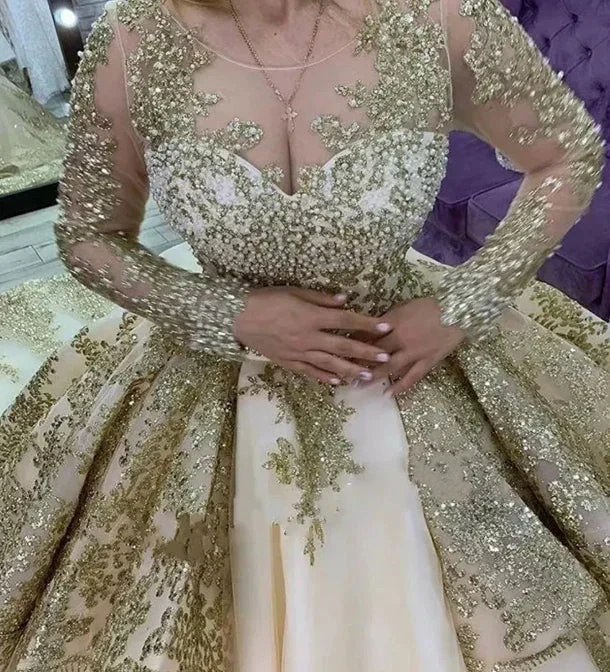 Champagne Ruffle Ball Gowns Quinceanera Dresses Sequin Beading Appliques Long Sleeve Formal Prom Princess Dress Y4952 by simplepromdress