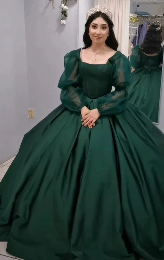 Vintage Green Long Sleeves Ball Gown,18th Birthday Outfit Y7167 by simplepromdress