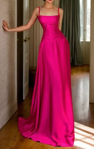 Vestido de noche de satén rosa intenso, corte en A, Y7717