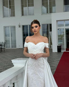Fabulous A-Line Off-The-Shoulder Sleeveless Appliques Lace White Wedding Dresses by misshow.com