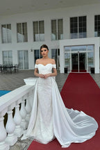 Fabulous A-Line Off-The-Shoulder Sleeveless Appliques Lace White Wedding Dresses by misshow.com