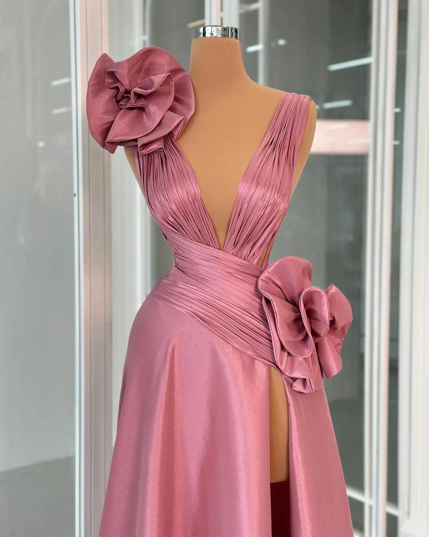 Fabulous A-line V-neck Sleeveless Ruffles Satin Split Prom Dress by misshow.com