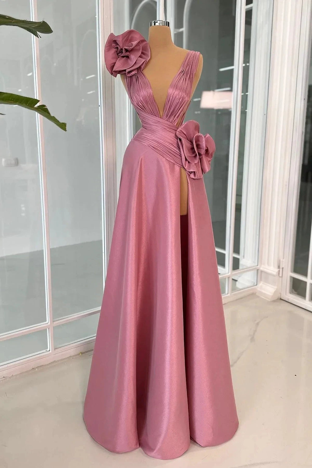 Fabulous A-line V-neck Sleeveless Ruffles Satin Split Prom Dress by misshow.com