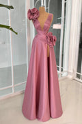 Fabulous A-line V-neck Sleeveless Ruffles Satin Split Prom Dress by misshow.com
