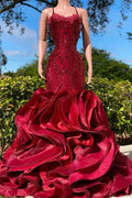 Fabulous Burgundy Long Mermaid Spaghetti Straps Satin Lace Prom Dress by BIZTUNNEL