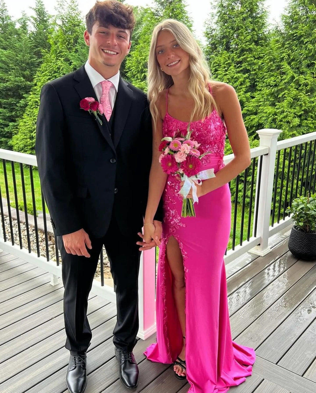 Fabulous Column Satin Spaghetti Straps Sleeveless Pink Prom Dresses With Appliques Split Front by misshow.com