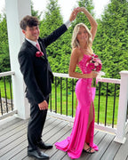 Fabulous Column Satin Spaghetti Straps Sleeveless Pink Prom Dresses With Appliques Split Front by misshow.com