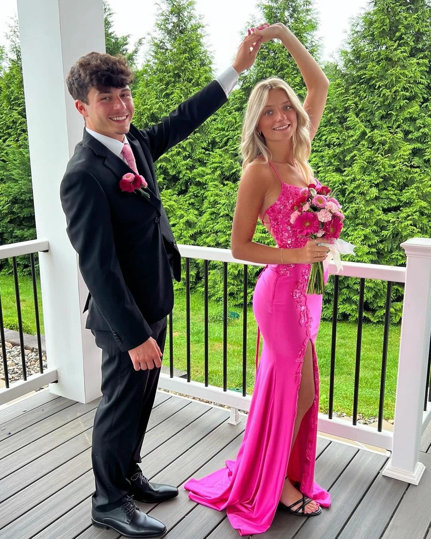 Fabulous Column Satin Spaghetti Straps Sleeveless Pink Prom Dresses With Appliques Split Front by misshow.com