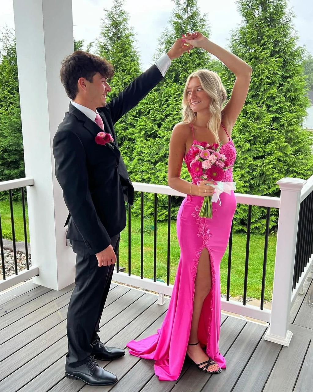 Fabulous Column Satin Spaghetti Straps Sleeveless Pink Prom Dresses With Appliques Split Front by misshow.com