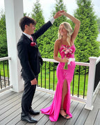 Fabulous Column Satin Spaghetti Straps Sleeveless Pink Prom Dresses With Appliques Split Front by misshow.com