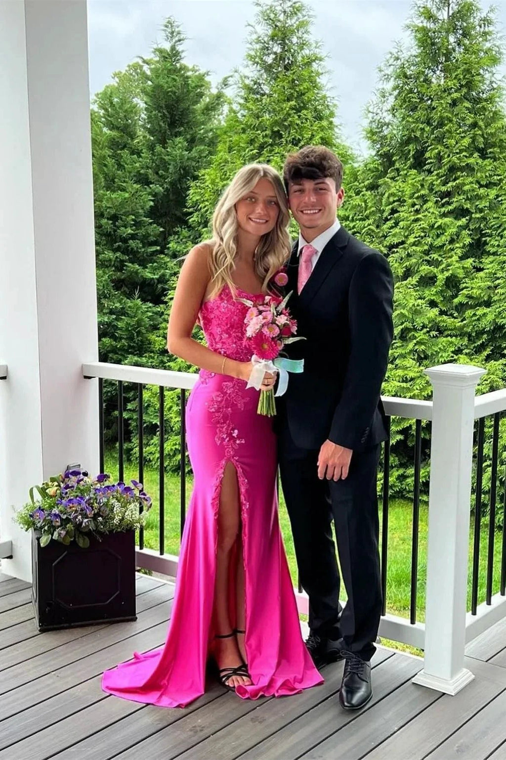 Fabulous Column Satin Spaghetti Straps Sleeveless Pink Prom Dresses With Appliques Split Front by misshow.com