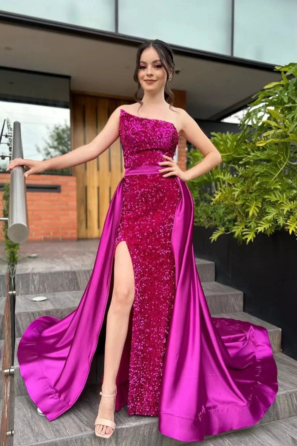 Fabulous Column Satin Strapless Sleeveless Pink Prom Dresses With Sequined Split by misshow.com