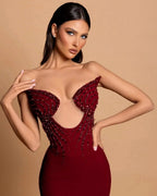 Fabulous Column Strapless Sleeveless Rhinestone Satin Burgundy Prom Dresses by misshow.com