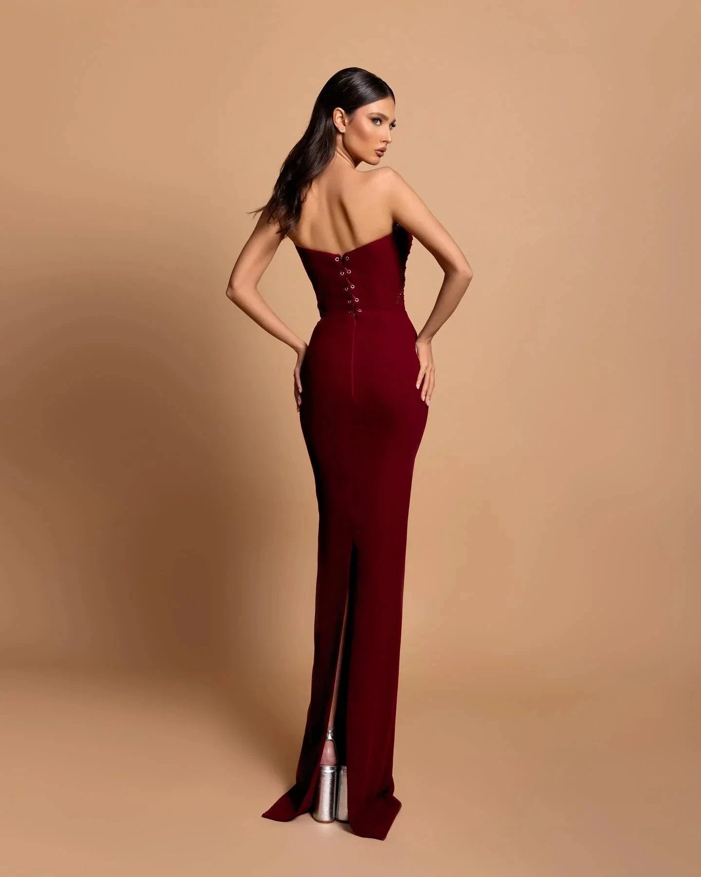 Fabulous Column Strapless Sleeveless Rhinestone Satin Burgundy Prom Dresses by misshow.com