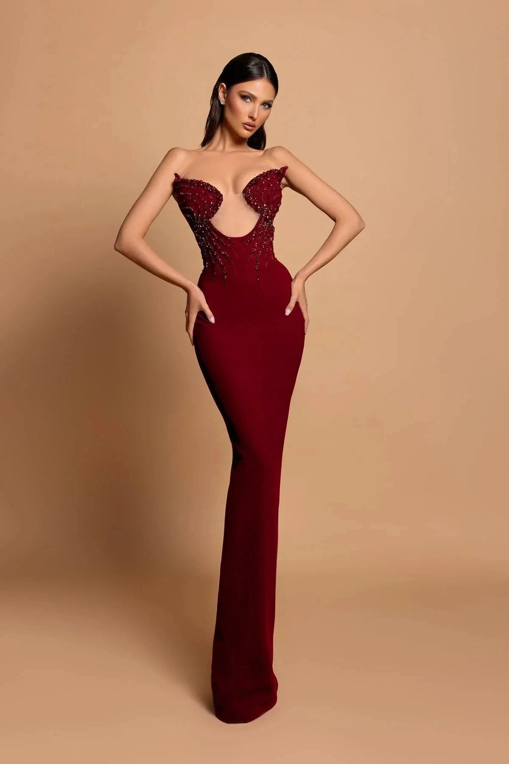 Fabulous Column Strapless Sleeveless Rhinestone Satin Burgundy Prom Dresses by misshow.com