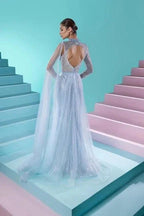 Fabulous Long A-line High Neck Long Sleeve Beading Prom Dress With Slit by misshow.com