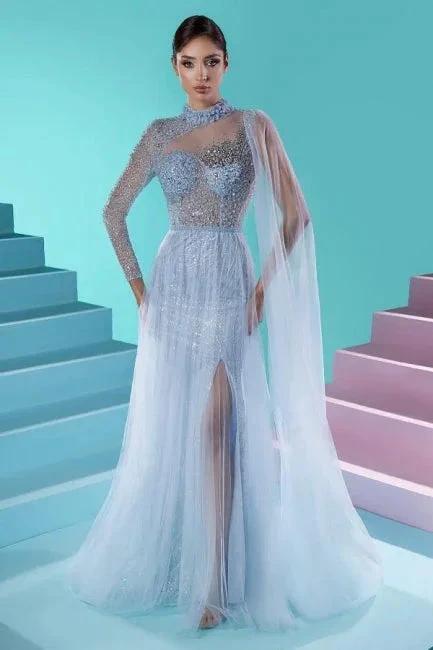 Fabulous Long A-line High Neck Long Sleeve Beading Prom Dress With Slit by misshow.com