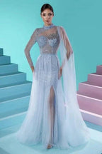 Fabulous Long A-line High Neck Long Sleeve Beading Prom Dress With Slit by misshow.com