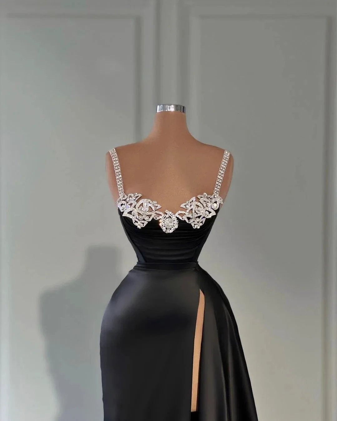 Fabulous Long Black A-line Straps Crystal Sleeveless Prom Dress With Slit by misshow.com