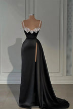 Fabulous Long Black A-line Straps Crystal Sleeveless Prom Dress With Slit by misshow.com