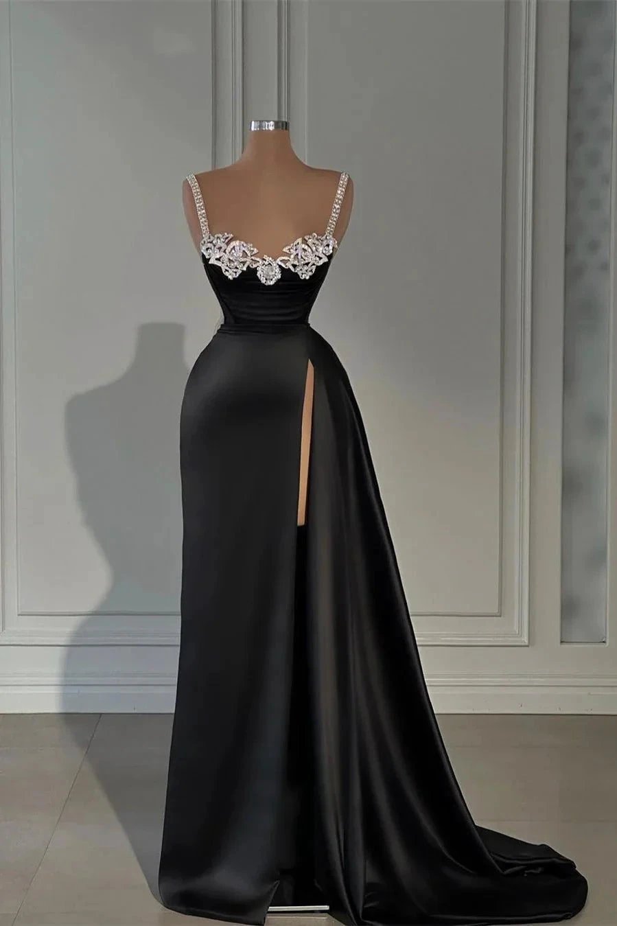 Fabulous Long Black A-line Straps Crystal Sleeveless Prom Dress With Slit by misshow.com