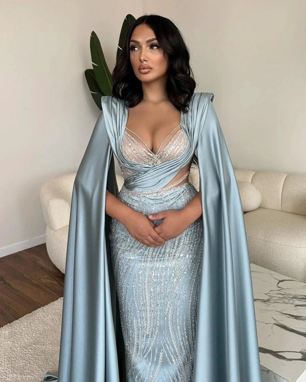 Fabulous Long Blue V-neck Mermaid Sequined Lace Prom Dress With Sleeves by misshow.com
