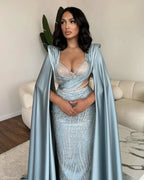 Fabulous Long Blue V-neck Mermaid Sequined Lace Prom Dress With Sleeves by misshow.com