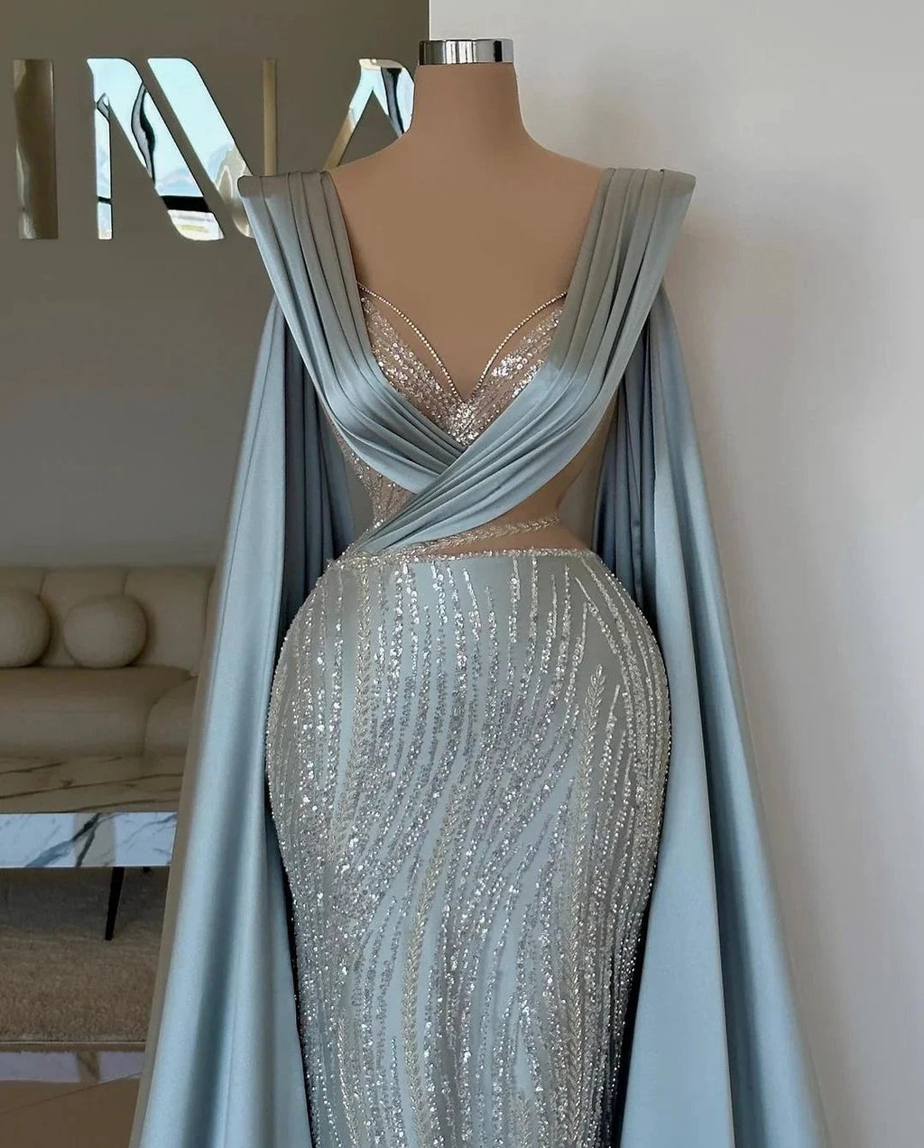 Fabulous Long Blue V-neck Mermaid Sequined Lace Prom Dress With Sleeves by misshow.com