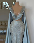 Fabulous Long Blue V-neck Mermaid Sequined Lace Prom Dress With Sleeves by misshow.com