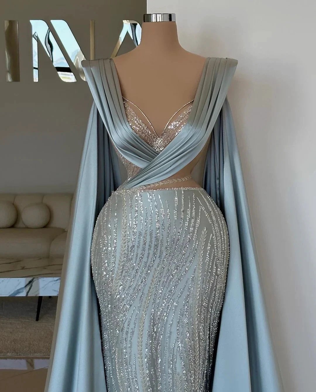 Fabulous Long Blue V-neck Mermaid Sequined Lace Prom Dress With Sleeves by misshow.com