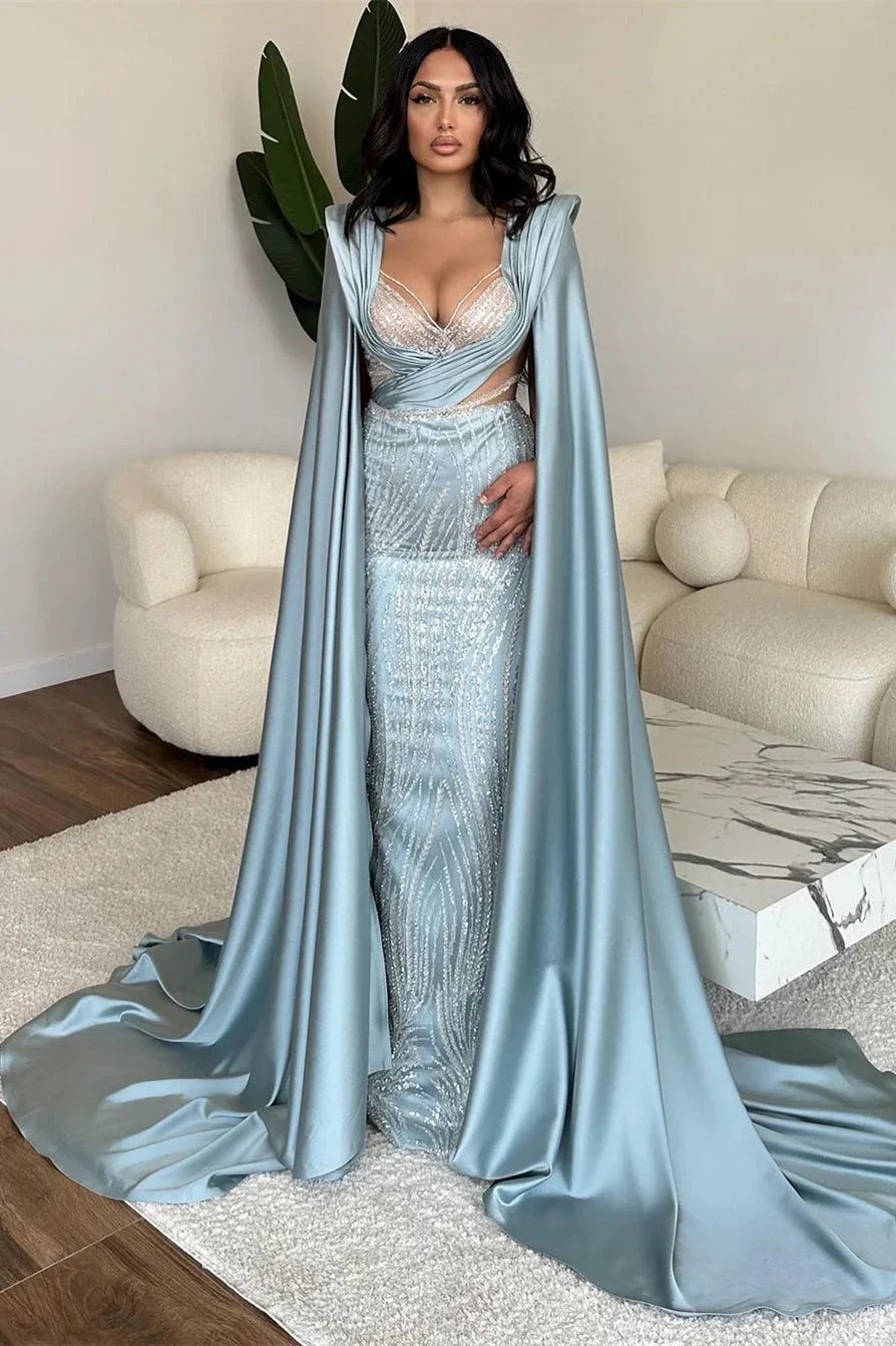 Fabulous Long Blue V-neck Mermaid Sequined Lace Prom Dress With Sleeves by misshow.com